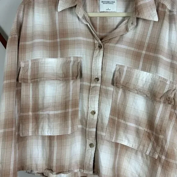 ABERCROMBIE & FITCH Cropped Flannel Long Sleeve Top Size Large EUC M411 - Picture 4 of 5